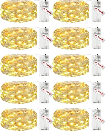 【Paquete de 10】Luces de Hadas a Batería con Temporizador, 7FT 20LED Luces de Cadena Impermeables Cable Plateado Luces de Hadas a Batería Luces