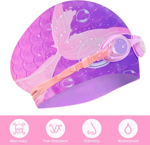 Miniatura 2 de Gorros de natación para niñas, gorro de natación de silicona para niños pequeños, gorros de natación duraderos y cómodos para niñas Sirena púrpura