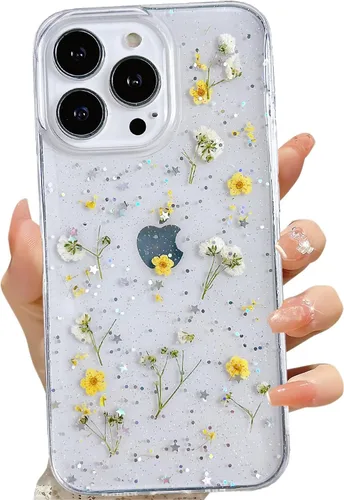 Miniatura 31 de LSEEKA Funda transparente para iPhone 13 Mini/iPhone 12 Mini con diseño de flores reales prensadas, con purpurina, bonito patrón floral blanco, Oro