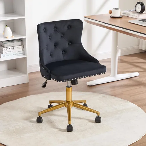 Miniatura 2 de Silla de escritorio de terciopelo sin brazos para oficina en casa, silla giratoria con altura ajustable, pequeña y linda silla de tocador para Negro