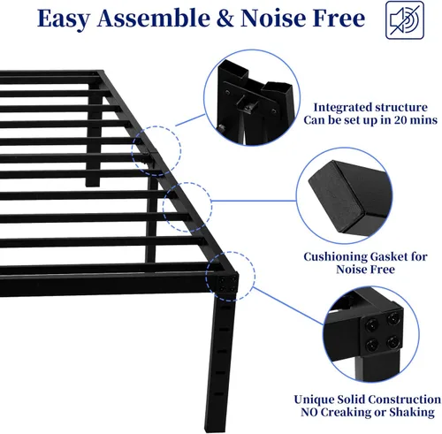 Miniatura 4 de Base de cama tamaño King, plataforma de metal de 16 pulgadas con soporte de listones de acero, soporta hasta 3500 libras, sin ruido, fácil montaje