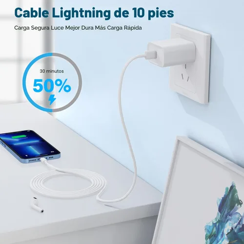 Miniatura 4 de Cargador rápido para iPhone, cargador extra largo para iPhone, carga rápida, 10 pies, paquete de 2 cargadores de teléfono i de 10 pies, adaptador