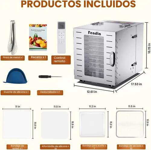 Miniatura 5 de Deshidratador de alimentos para cecina, control remoto, 10 bandejas grandes de acero inoxidable, deshidratador de frutas de 1000W, temporizador
