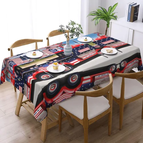 Miniatura 2 de Mantel rectangular de encaje de poliéster con diseño patriótico de camión del 4 de julio, 54 x 72 pulgadas, resistente a las arrugas, lavable