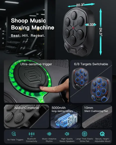 Miniatura 2 de shroop Máquina de Boxeo Musical para Adultos y Niños — Entrenador de Golpes Interactivo Bluetooth Montado en Pared, Alta Sensibilidad, Adaptación al