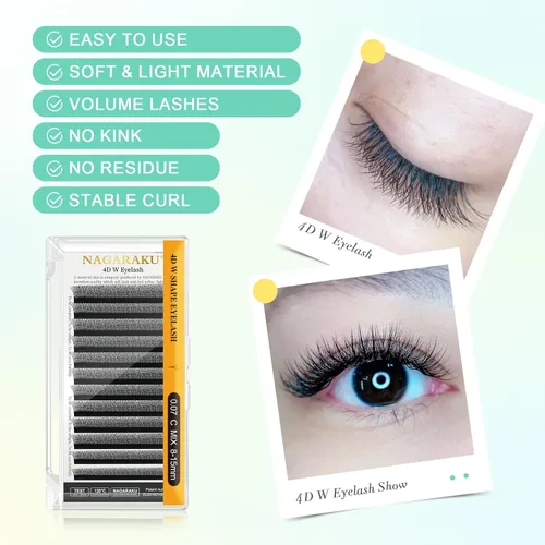 Miniatura 2 de NAGARAKU Extensiones de pestañas falsas en forma de W de 4D, suaves y naturales, con volumen, rizado D, 0.07mm, mezcla de 8-15mm, abanico 0.07-D 4D W