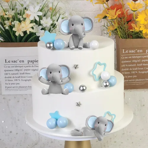 Miniatura 3 de 32 piezas de decoración de pastel de elefante con mini elefante, bolas de perlas azules y blancas para suministros de cumpleaños con temática