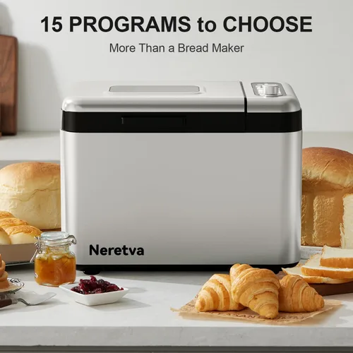 Miniatura 10 de Neretva Máquina para hacer pan, Máquina de pan más grande de 3.3 libras 15-en-1 de acero inoxidable y sartén de cerámica antiadherente y dispensador