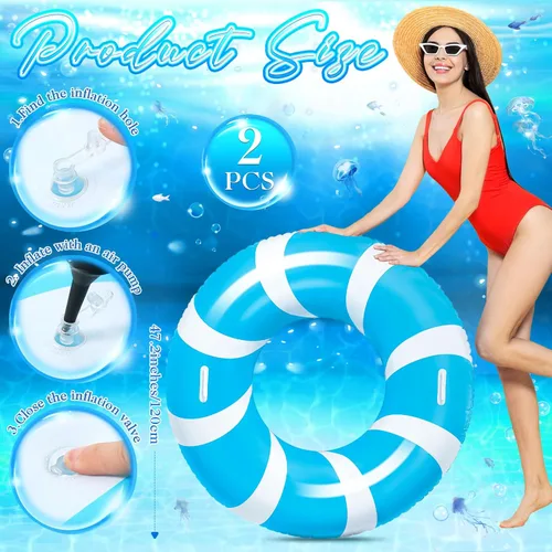 Miniatura 2 de WinnerWhy 2 anillos de natación grandes azules con asas de 47.24 pulgadas, tubo inflable clásico a rayas para piscina inflable para adultos