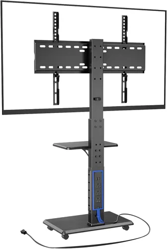 Soporte de TV móvil con ruedas y toma de corriente, carrito de TV para televisores de 32 a 75 pulgadas hasta 110 libras, 18 alturas ajustables, Max