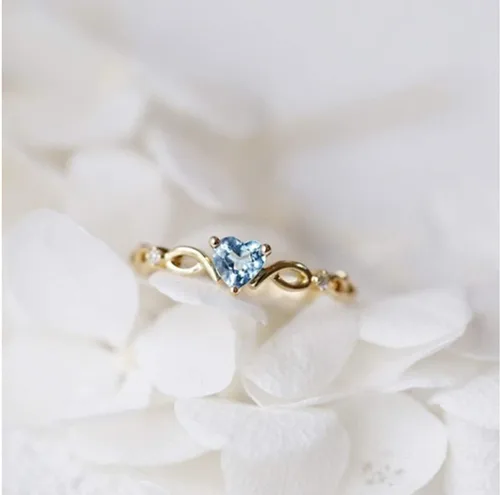 Miniatura 3 de 14k Gold Sea Blue Topaz Love Heart CZ Diamond Ring Women Anniversary Engagement Wedding Gemstone Ring