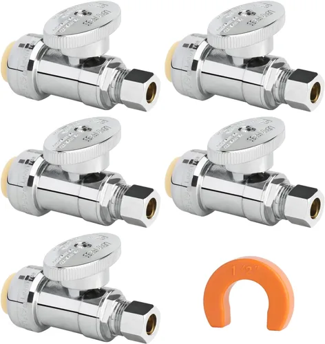 Miniatura 20 de Válvula de Parada Angular WiseWater 1/2" FNPT x 3/8" OD de Compresión, Válvula de Cierre de Inodoro de Cuarto de Vuelta de Latón Cromado para Baño
