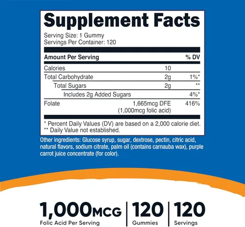 Miniatura 2 de Nutricost Gomitas vegetarianas de ácido fólico (vitamina B9) (120 gomitas, 1 mg de ácido fólico por porción), suplemento para hombres y mujeres
