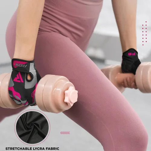 Miniatura 7 de RDX Guantes de levantamiento de pesas para gimnasio, entrenamiento de fitness, palma acolchada antideslizante, equipo de entrenamiento de fuerza Rosa