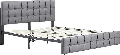 Miniatura 5 de Anwick Moderna cama de plataforma tapizada con cabecera ajustable, marco de cama tamaño King, marco de cama de tela tecnológica con botones