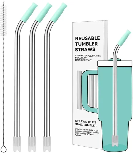 Miniatura 98 de Pajitas de metal rectas para vaso Stanley de 40 onzas, paquete de 3 popotes reutilizables de acero inoxidable con puntas de silicona y cepillo Gris