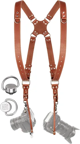 C Coiro Camera Harness for 2 Cameras Dual Shoulder Leather Camera Strap for DSLR/SLR, Camera Straps for Photographers Canela