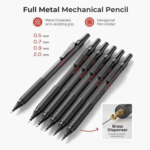 Miniatura 2 de Nicpro - Juego de 30 lápices mecánicos negros de metal en estuche de cuero, lápices de dibujo artístico de 0.5, 0.7, 0.9 mm, portaminillas