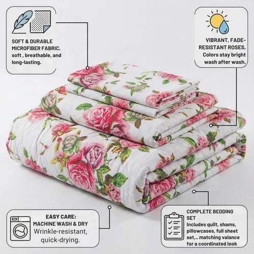 Miniatura 2 de DaDalogy Bedding - Juego de cama floral de 14 piezas en una bolsa, diseño de rosas románticas, juego de sábanas bajeras y encimeras con funda