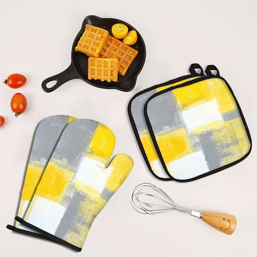 Miniatura 4 de MCALK Juego de 5 guantes amarillos para horno y soportes para ollas, guantes de horno grises y almohadillas calientes para cocina de cocina