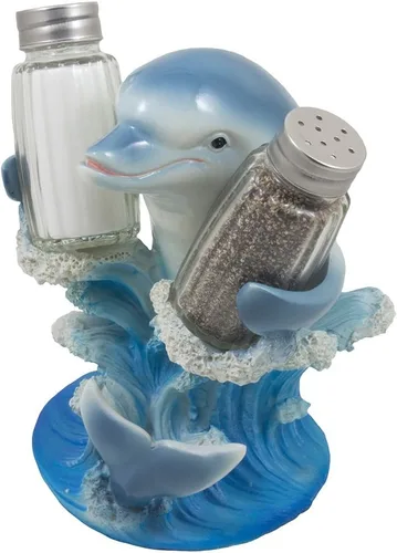 Miniatura 3 de Dolphin Riding Ocean Wave - Juego de salero y pimentero con soporte para figuras en decoración decorativa de cocina tropical, estantes de especias