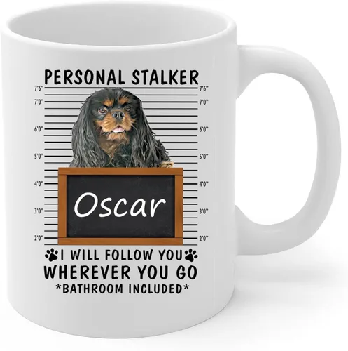 Miniatura 2 de Personal Stalker I Will Follow You Black Tan Cavalier King Charles Spaniel Taza de café con nombre personalizado, taza de cerámica blanca, 11 onzas