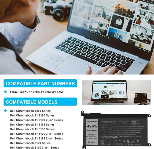 Miniatura 6 de Fancy Buying 51KD7 - Batería de repuesto para laptop Dell Chromebook 11 3100 3180 3189 5190 3181 2 en 1 14 3400 Series P28T001 Y07HK FY8XM 0FY8XM
