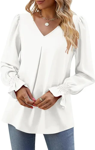 Miniatura 4 de Funlingo Blusas de mujer con mangas largas 2025, elegantes y casuales, con cuello en V, túnica suelta de gasa para el trabajo