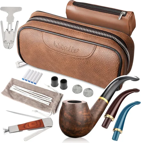 Scotte Set de pipa artesanal, funda de cuero para pipa, pipa de madera y accesorios (rascador/soporte/elemento de filtro/pelota de filtro/bolsa