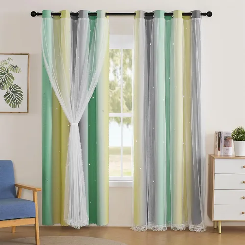 Miniatura 24 de XiDi Cortinas opacas con estrellas para habitaciones de niños, cortinas verdes para ventana de dormitorio de niños, azul y gris, 52 pulgadas de Azul
