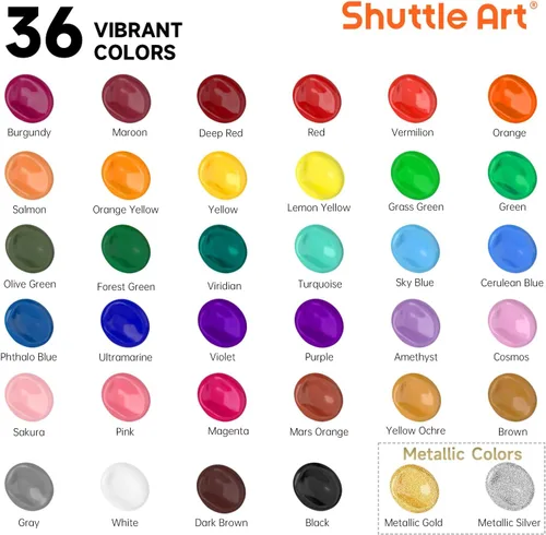 Miniatura 3 de Shuttle Art Juego de pintura acrílica, 36 colores de pintura acrílica con pinceles y paleta, botellas de 2 oz/2.0 fl oz, pigmentos ricos no tóxicos