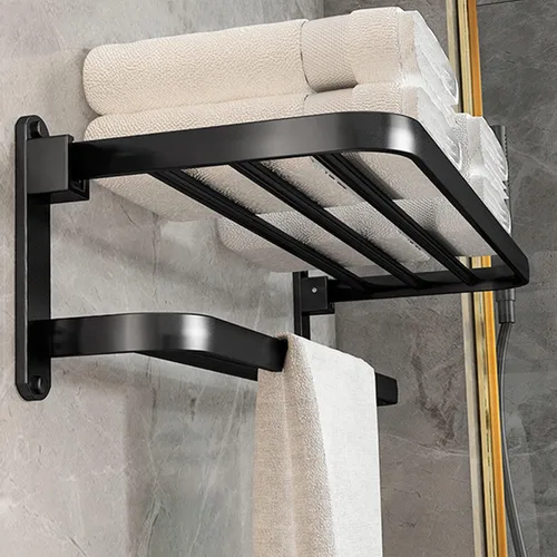 BOZWELL Toallero de baño con dos barras para toallas, toallero de 24 pulgadas con estante BZ205-A (Negro Mate)