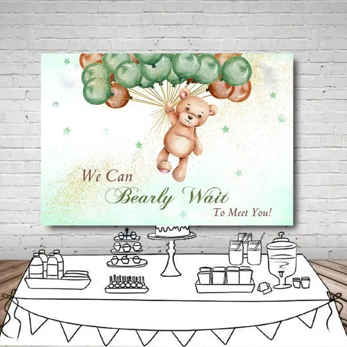 Miniatura 4 de MEHOFOND Telón de fondo de baby shower con texto en inglés "We Can Bearly Wait to Meet You" de 7 x 5 pies, globos azules y marrones, purpurina