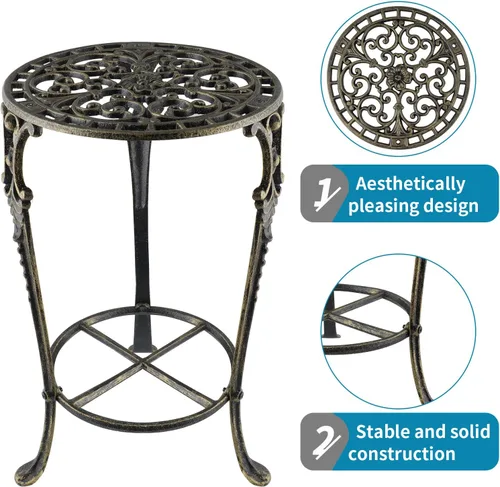 Miniatura 4 de MDLUU Soporte para plantas de 18.8 pulgadas de alto, soporte para plantas en maceta de hierro fundido, soporte de maceta de metal de 2 niveles, Negro