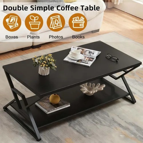 Miniatura 4 de HOMISSUE - Mesa de café, mesa de café rústica rectangular con almacenamiento de 2 niveles, mesa central de madera de ingeniería con estantes