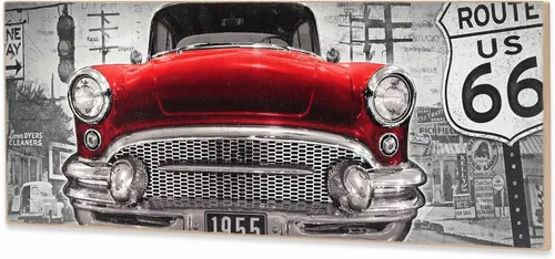 Miniatura 2 de Red Classic Car Route 66 Retro Wood Wall Decor – Arte de pared de coche clásico grande para hombre cueva, garaje o sala de estar Rojo