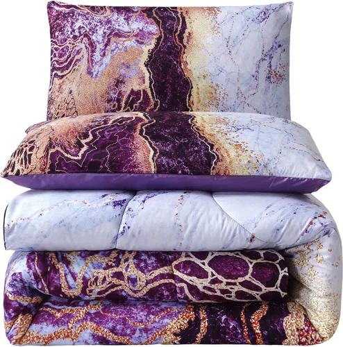 Miniatura 4 de Juego de edredón de mármol morado, tamaño Queen, 3 piezas (1 edredón + 2 fundas de almohada), diseño de acuarela de lava volcánica, edredón