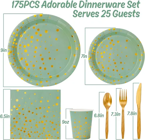 Miniatura 2 de Whaline 175 piezas de suministros de fiesta verde salvia con puntos dorados, platos de papel, servilletas y vasos, juego de vajilla desechable