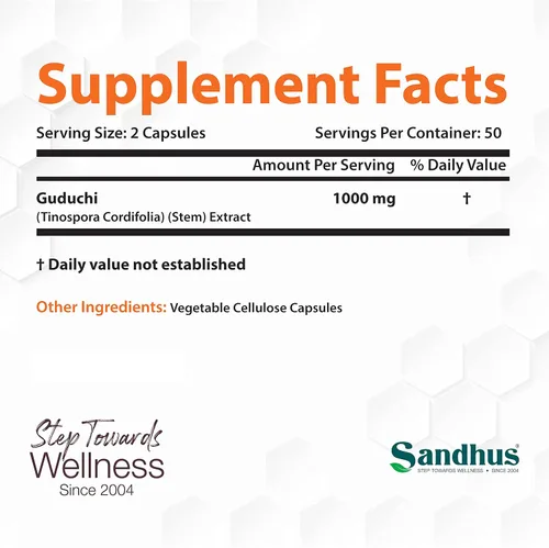 Miniatura 2 de Sandhu's Guduchi (Tinospora Cordifolia) Giloy 100 cápsulas vegetarianas de apoyo inmunológico 1000mg por porción