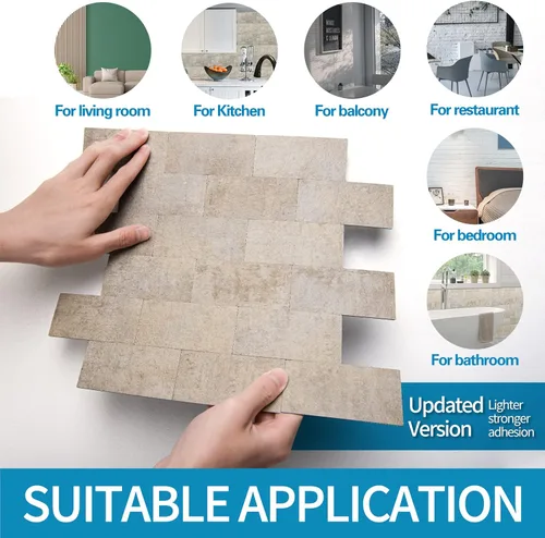 Miniatura 4 de Art3d Paquete de 10 azulejos de pared para salpicaduras de muro, azulejos de piedra para cocina, baño, chimenea, tocadores en piedra beige