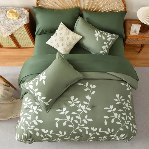 Miniatura 3 de Juego de edredón tamaño King – Juego de edredón de 7 piezas con estampado botánico floral en verde con sábanas, juego de ropa de cama de microfibra