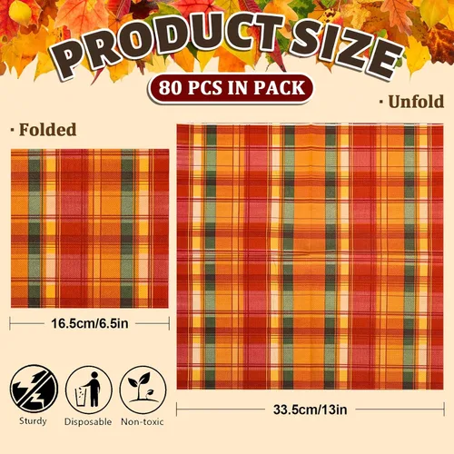 Miniatura 2 de Whaline Paquete de 80 servilletas de papel de otoño de 6.5 x 6.5 pulgadas, servilletas de papel desechables a cuadros rojos, naranja y verde