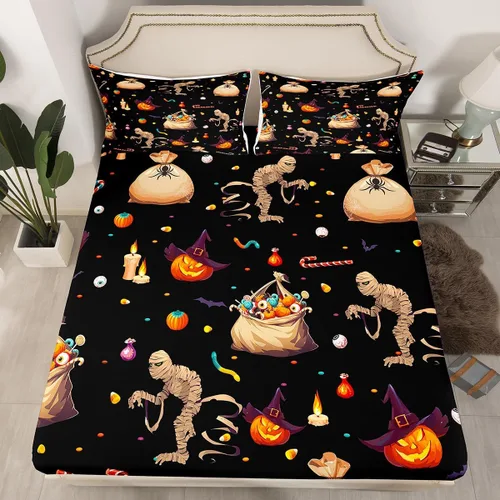 Miniatura 31 de Juego de ropa de cama de Halloween con patrón de sombras kawaii, sábana bajera tamaño queen, decoraciones de calabaza, luces de calabaza góticas