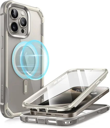 i-Blason Funda para iPhone 15 Pro, compatible con MagSafe, protector de pantalla integrado, protección contra caídas de cuerpo completo, funda Gris