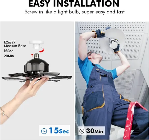 Miniatura 5 de Luyata Paquete de 4 luces LED de garaje de 200 W deformables 20000 lm cerca del techo, 6500 K, luz LED ultra brillante para tienda con 6 paneles