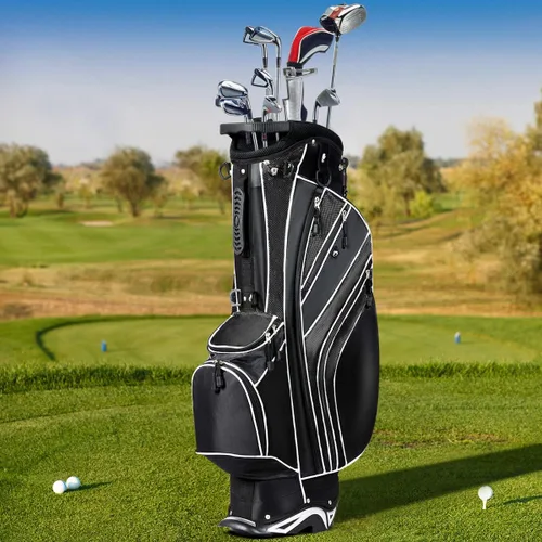 Miniatura 9 de GYMAX Bolsa de golf con divisor de 6 vías, bolsa de club de golf con 8 bolsillos, capucha para lluvia, soporte para paraguas y calcomanía