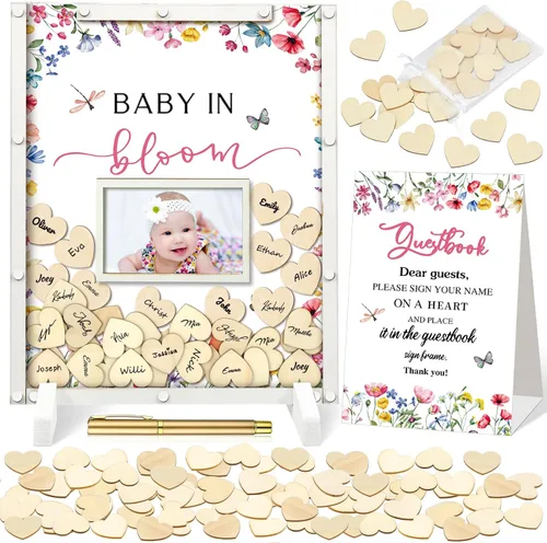 Miniatura 23 de Beeveer 65 piezas de libro de invitados para baby shower, libro de invitados azul para baby shower, libro de invitados con marco de fotos y 60 chips