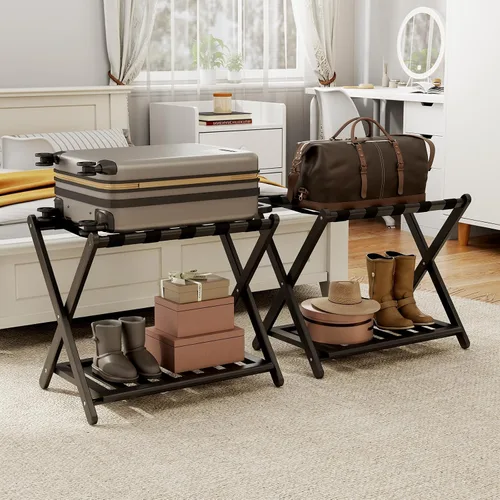 Miniatura 14 de oakvivo Portaequipajes negro totalmente montado para habitación de invitados, soporte plegable de bambú para maleta con 5 correas de nailon, soporte