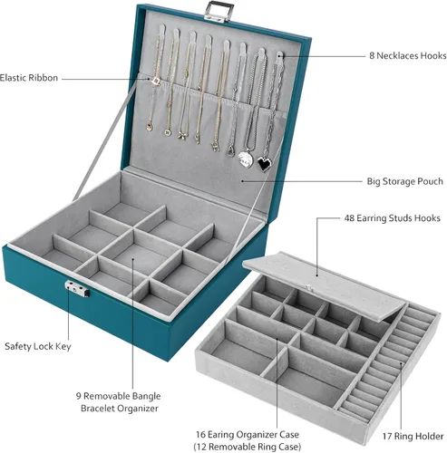 Miniatura 6 de SIMBOOM Joyero organizador para mujeres y niñas 2 capas de almacenamiento de joyas grande con cerradura organizador de joyas y relojes de cuero