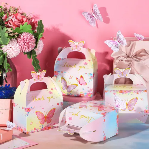 Miniatura 4 de Nezyo - 12 cajas de regalo de fiesta de mariposa, cajas de regalo de dulces de papel floral rosa morado a dos aguas con mango de mariposa